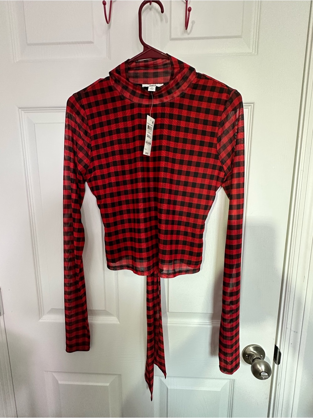 Bar III Red and Black Plaid Long-Sleeve Tie-Back Top
